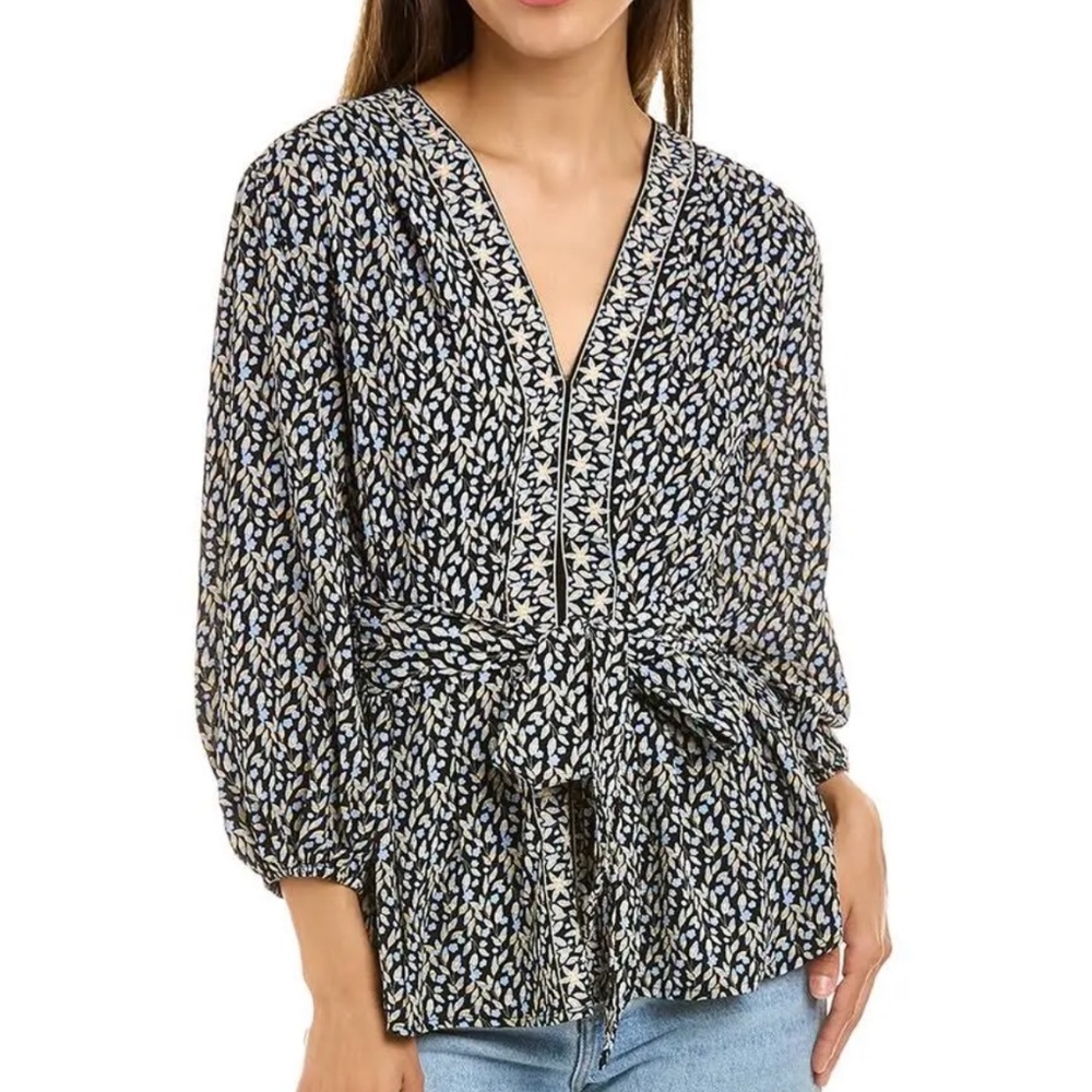 NWT Max Studio Women's Crepe 3/4 Sleeve Tie Front Black/Sky Blouse - Size  XS
